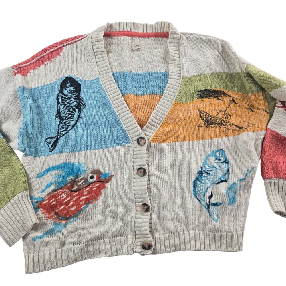 Anthropologie Pilcro Icon Graphic Cardigan Sweater Size Large Coastal Fisherman - Picture 8 of 11
